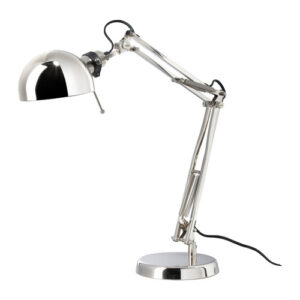 Industrial chrome adjustable desk lamp for office rental Italy.