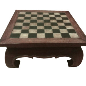 Square coffee table with inlaid checkerboard top.